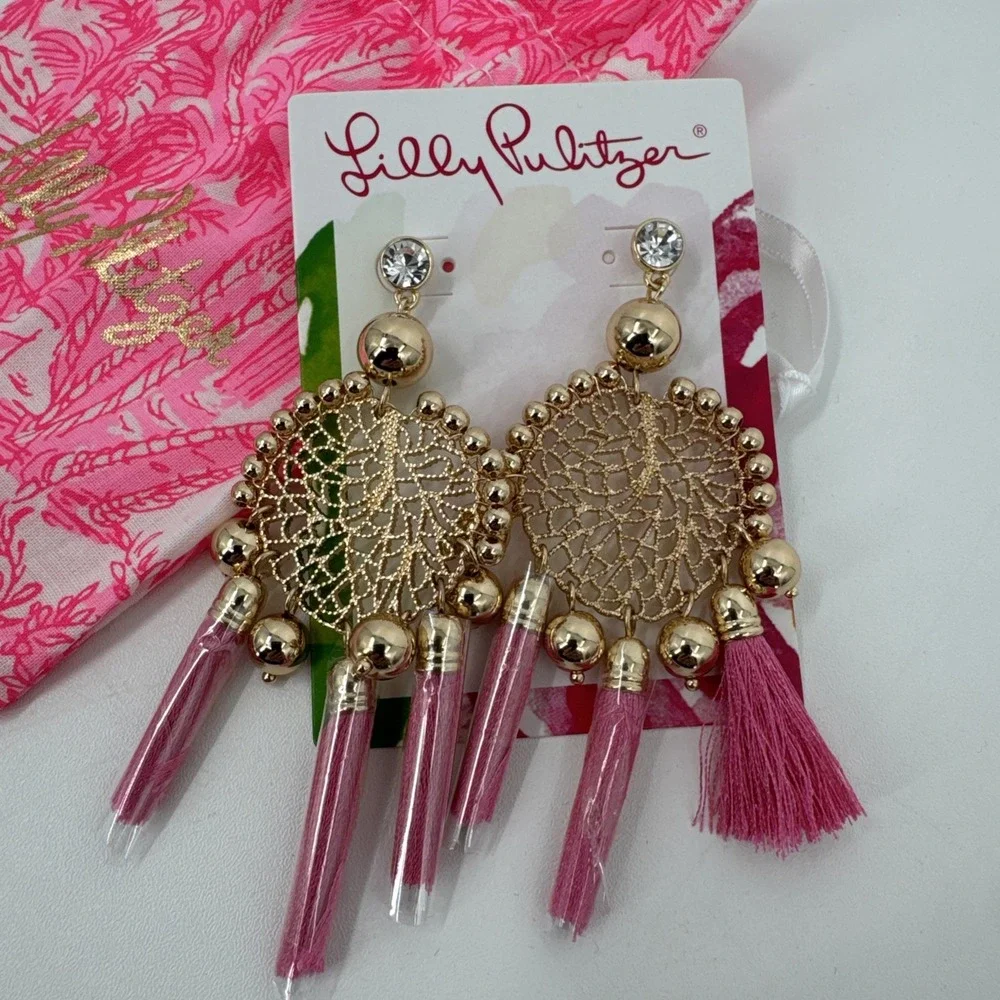 LILLY PULITZER STATEMENT DROP EARRINGS TASSEL SEA DREAMER‎ AURA PINK NEW NWT $58